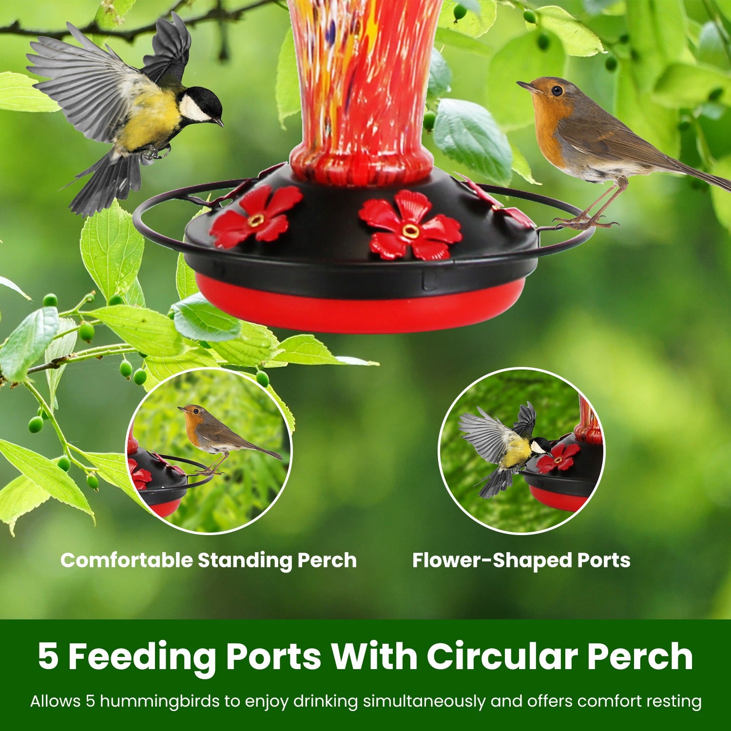 1Pc Glass Hummingbird Feeder 33OZ Hand Blown Hummingbird Feeder With 5 Flower Feeding Port Perch Ant Moat Hanging Hook S Hook Hemp Rope Cleaning Brush For Garden Decor - 5 - CJ
