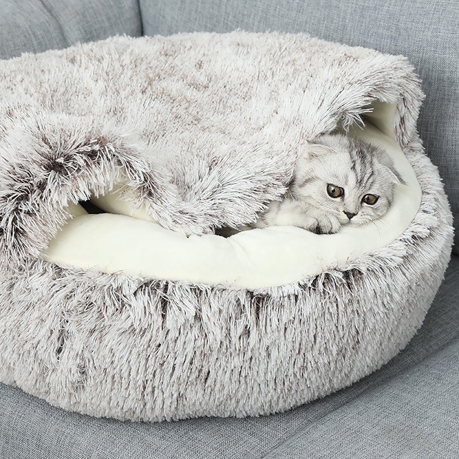 Luxurious Plush Round Cat Bed Cat Bed Round Soft Plush Burrowing Cave Hooded Cat Bed Donut For Dogs Cats - Semi - Enclosed For Cozy Warmth, Easy - Clean Durable Design, Ideal For Winter Comfort - 5 - CJ