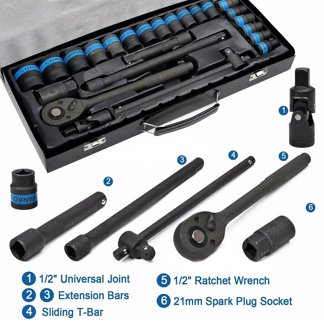 Heavy Duty 1&2 Ratchet Wrench Socket Set 8 - 32mm Metric Extension Bar Metal Case - 5 - cjdropshipping