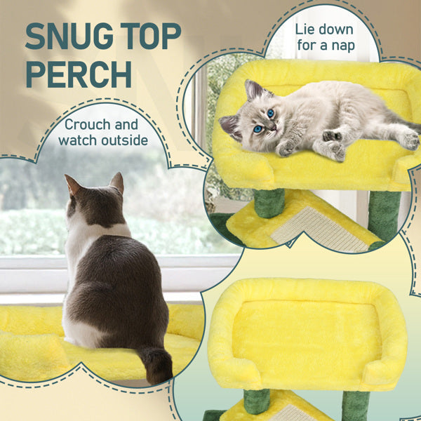 27.5in Cat Tree, Multi - level Cat Tower With Cat Scratching Post And Pad, Cozy Cat Condo, Padded Top Bed For Kittens And Indoor Cats, Yellow & Green - 5 - CJ
