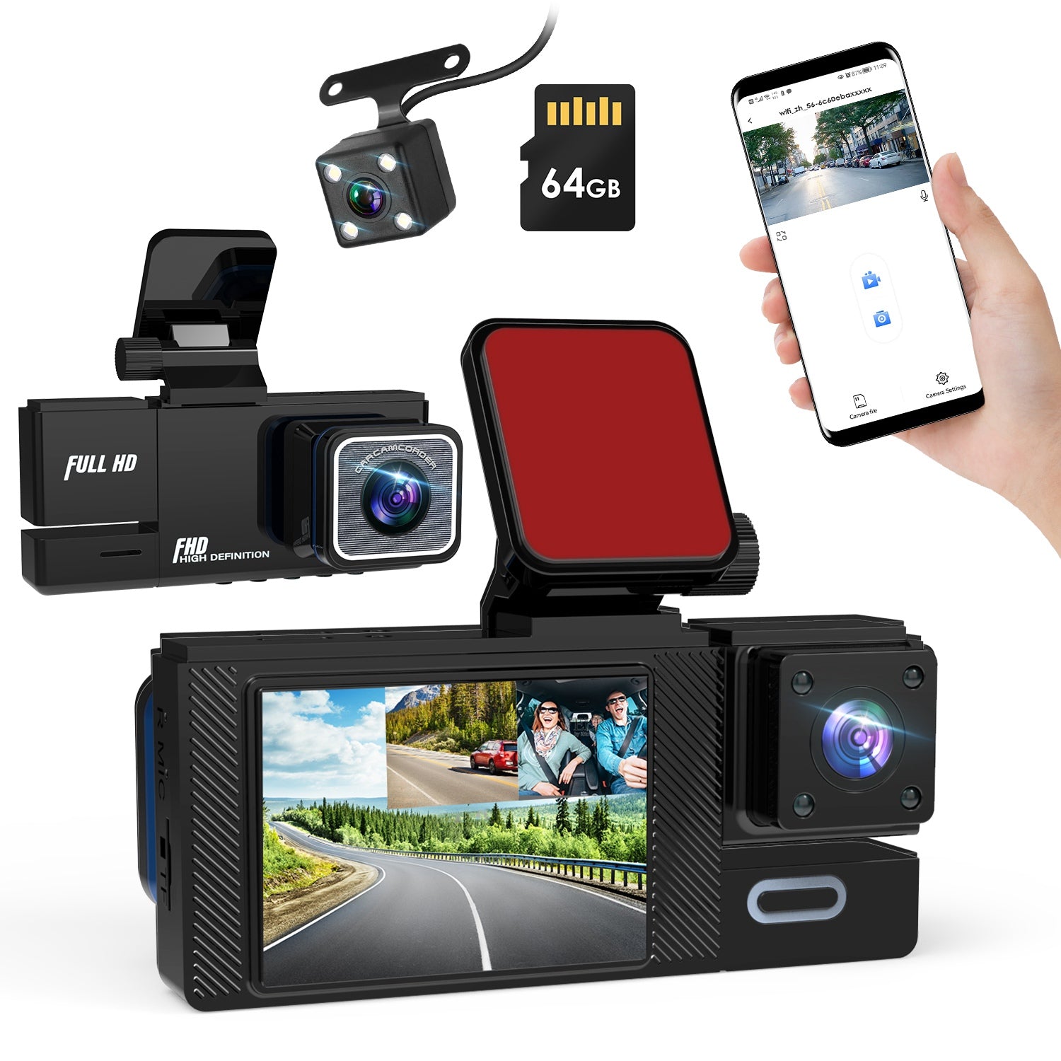 1Pc WiFi FHD 1080P Car Dash Cam 3 Channels Front Rear Inside Dash Camera With Loop Recording Reversing Image Night Vision 170 Degree Wide Angle Support 64G MMC Card Included - 5.0 - CJ