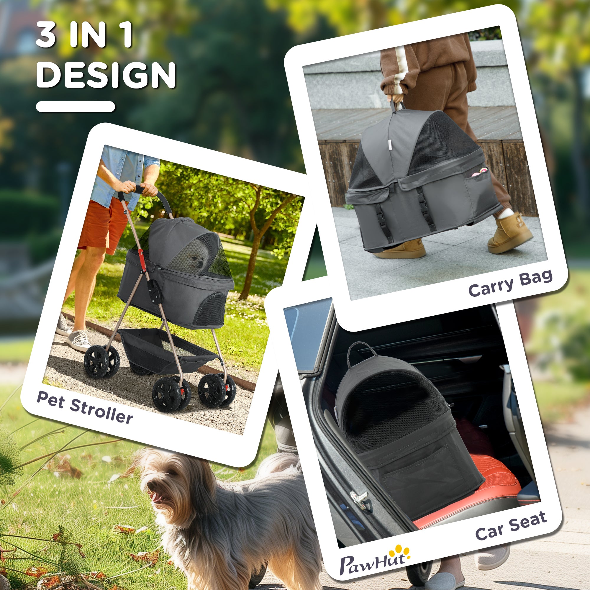 3 In 1 Pet Stroller With Detachable Carrier, Foldable Dog Stroller With Storage Basket, Cupholder, For Mini Dogs, Gray - 5 - CJ