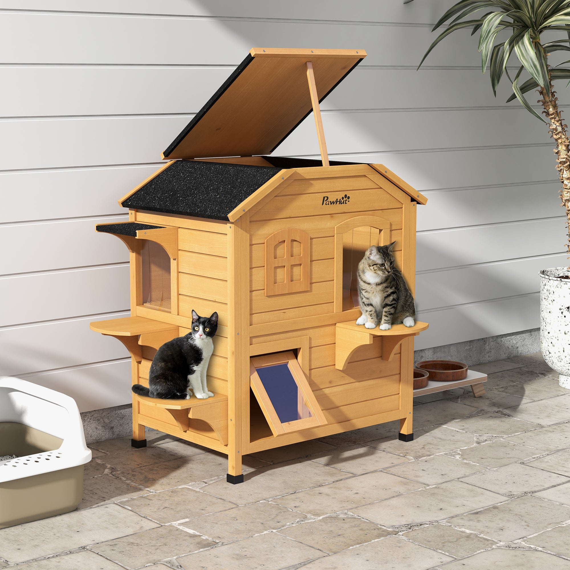 2 - Story Wooden Outdoor Cat House Feral Shelter With Escape Door Asphalt Roof 4 Platforms Natural - 5 - CJ