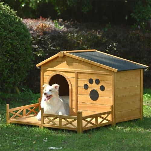 48 Wooden Dog House Outdoor With Porch, Dog Kennel With Water - Resistant Asphalt Roof And Fencing,Indoor & Outdoor Dog Crate With Paw Print, Medium, Nature - 5 - CJ
