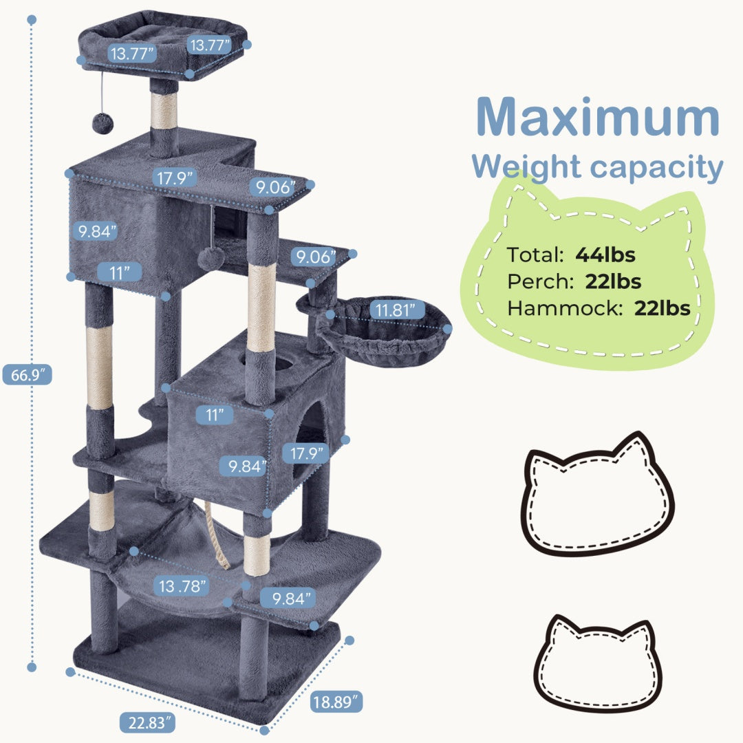 66 Inch Cat Tree Tower, Large Multi - Cat Climbing Extended Platform, Hammock, Pet House For Indoor Cats And Kittens Play - 5 - CJ
