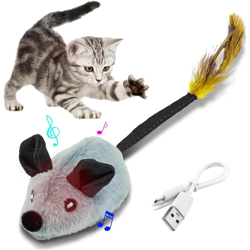 Interactive Cat Toys Mouse With LED Lights ForIndoor Cats USB Rechargeable Cat Mouse Toysfor Cats, Moving Automatic Chirping Squeakywith Feather Tail For All Breeds Cat Catnip Toys Forinteractive Toys - 5 - CJ
