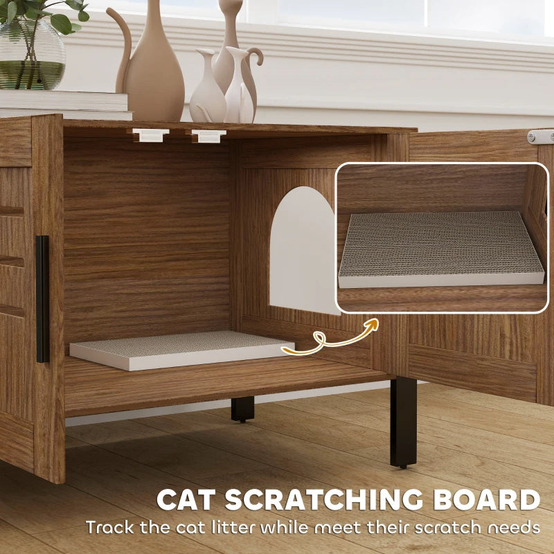 PawHut Cat Litter Box Enclosure With Tall Legs, Scratching Board, Dark Brown, - 5 - CJ