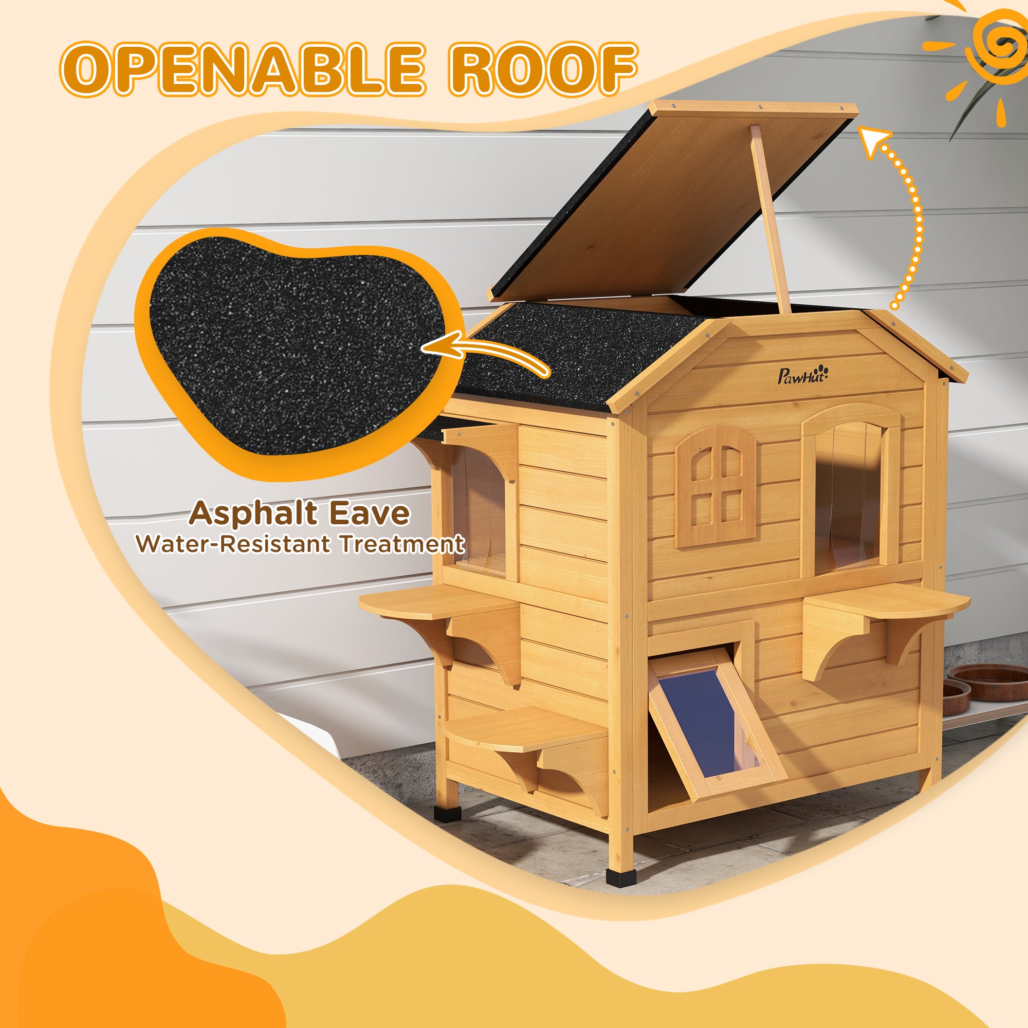 2 - story Cat House Outdoor, Weatherproof Wooden Cat Enclosure for Feral Cats with Escape Door, Openable Roof, Jumping Platforms, Natural - 5 - CJ