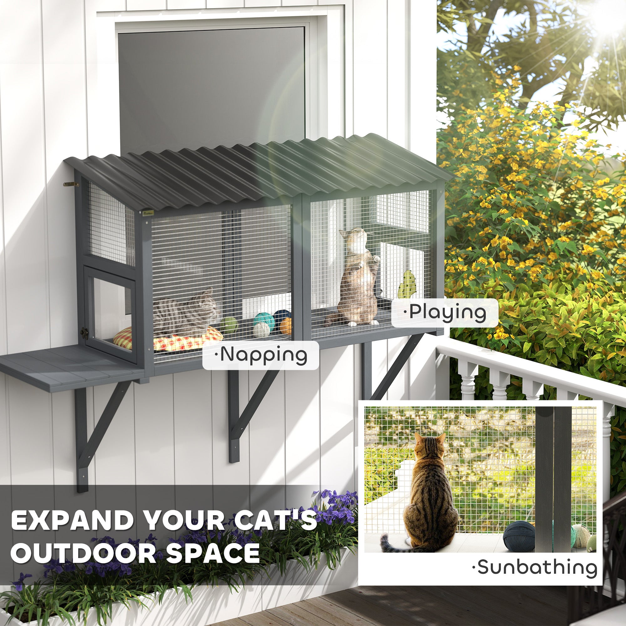 Wooden Cat Catio, Outdoor Cat Enclosure Window Perch With Jumping Platform, For Safely Enjoying Outdoor Sights, Gray - 5 - CJ