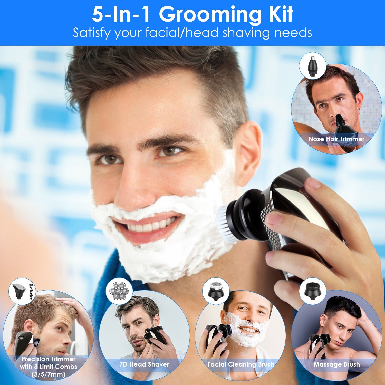 1Pc Head Shavers For Bald Men 5 In 1 7D Electric Rotary Razor Rechargeable Cordless Head Beard Trimmer Shaver Kit IPX6 Waterproof Dry Wet Grooming Kit With 3 Combs - 5 - CJ