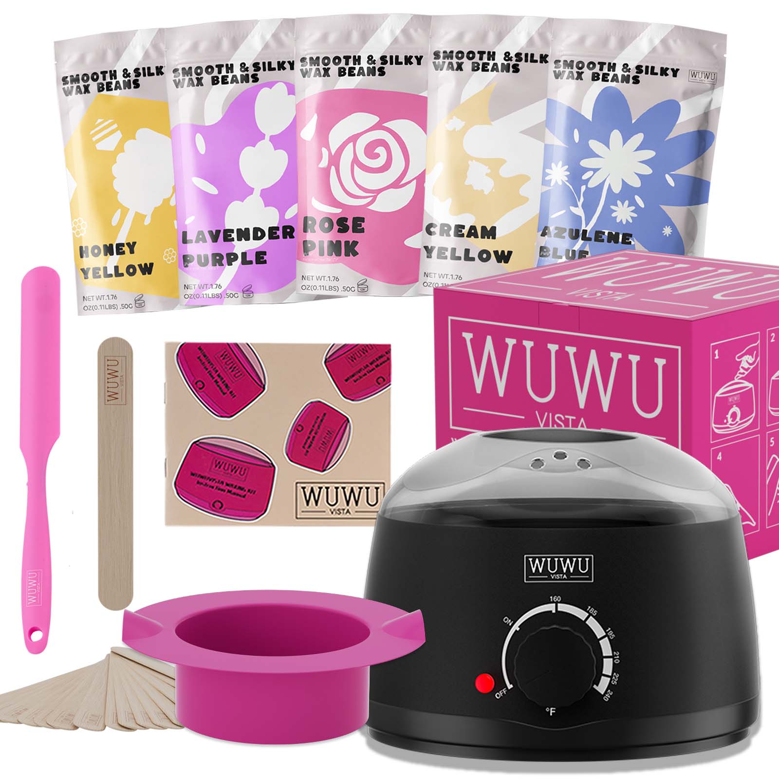 Waxing Kit 19 Items, WUWUVISTA Hair Removal Wax Kit With Wax Melt Warmer Waxing Beads For Face, Brazilian, Full Body, Bikini Suitable For Plugs Of American & European Specifications - 5.0 - CJ
