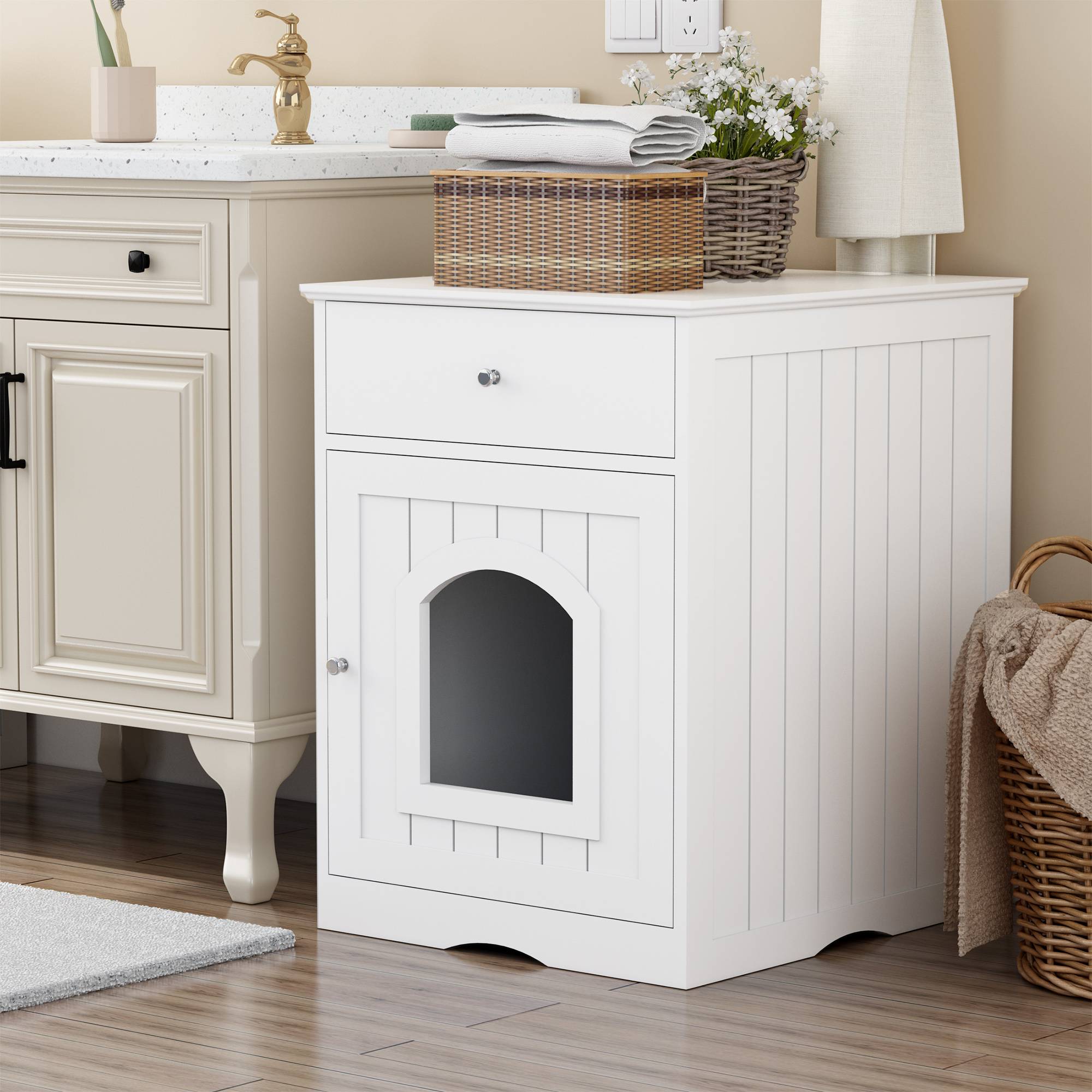 Wooden Pet House Cat Litter Box Enclosure With Drawer Side Table Cat Home Nightstand - 5 - CJ