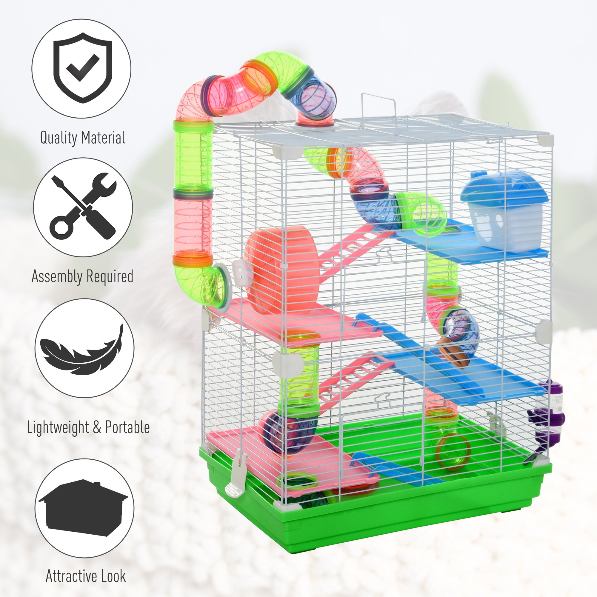 5 Tiers Hamster Cage Portable Animal Travel Carrier w/ Exercise Wheels Tube - 5 - CJ