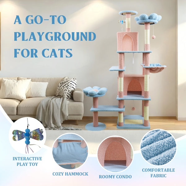 71 Inch Flower Cat Tree With Large Condo Removable Flower Cushion And Hammock Blue - 5 - CJ