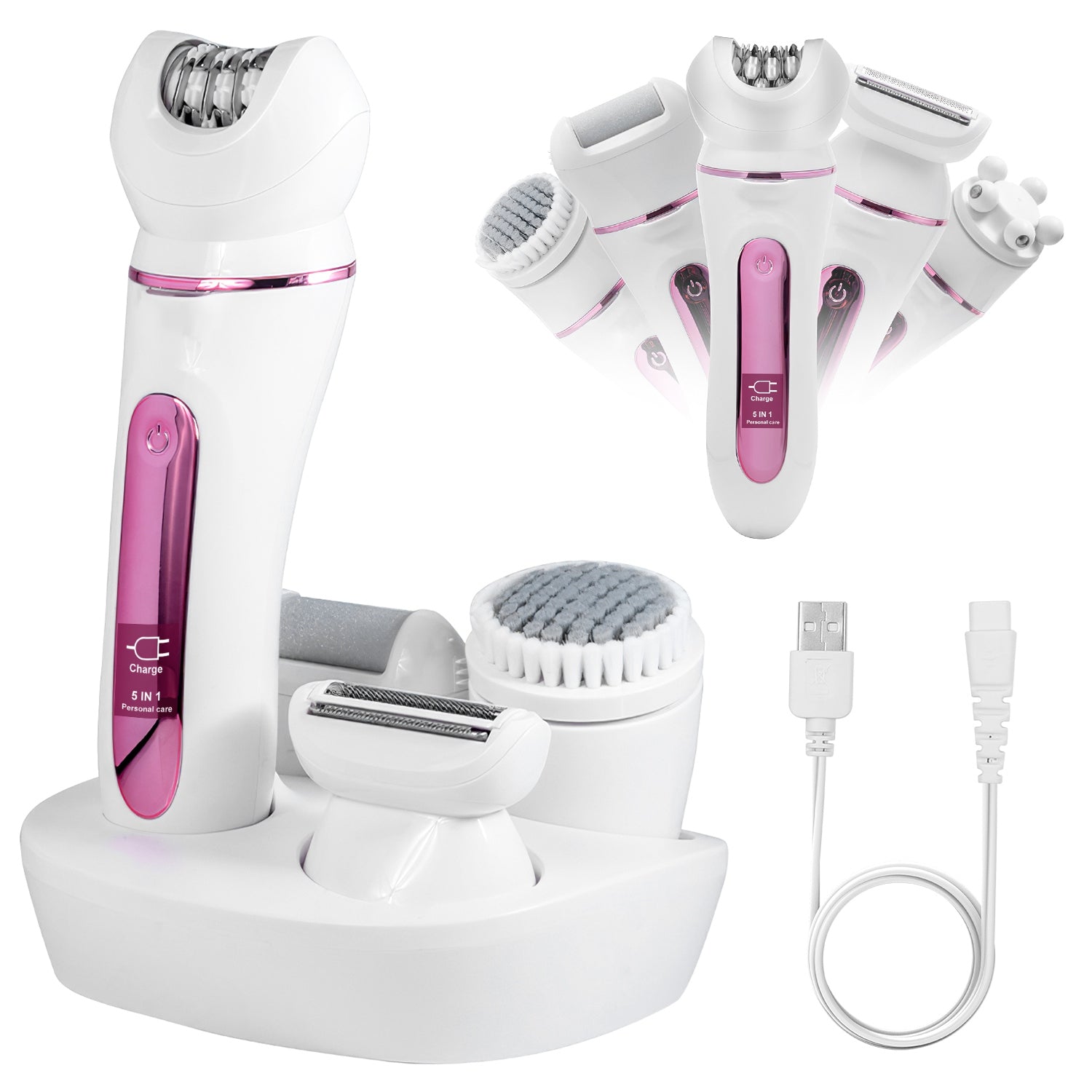 1Pc 5 In 1 Electric Body Epilator Rechargeable Women's Grooming Kit Epilator Shaver Facial Brush Callus Remover 5 Point Massager With LED Light LED Display Charging Base - 5 - CJ
