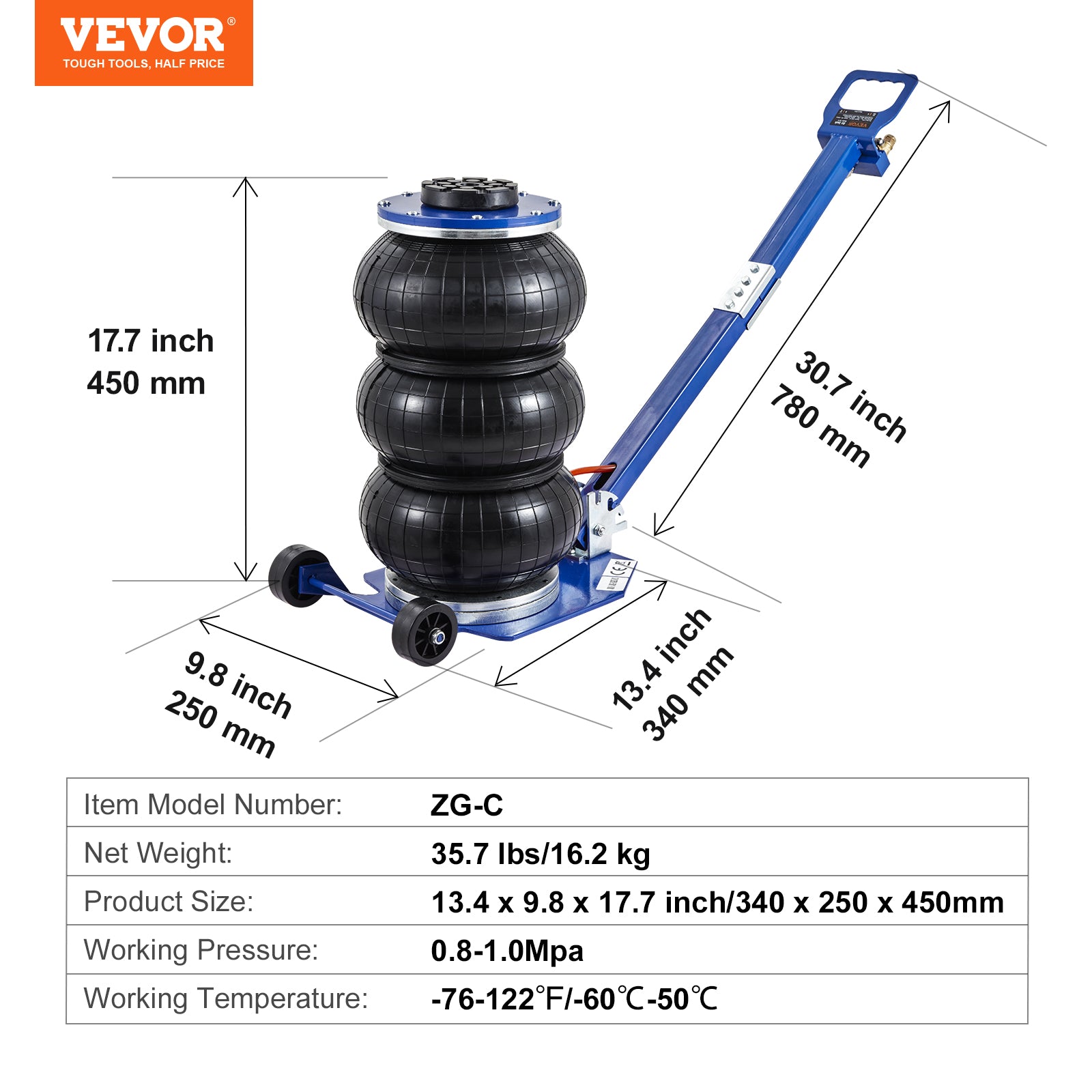VEVOR Air Jack, 3 Ton 6600 Lbs Triple Bag Air Jack, Airbag Jack With Six Steel Pipes, Lift Up, 3 - 5 S Fast Lifting Pneumatic Jack, With Adjustable Long Handles For Cars, Garages, Repair Blue - 5 - CJ