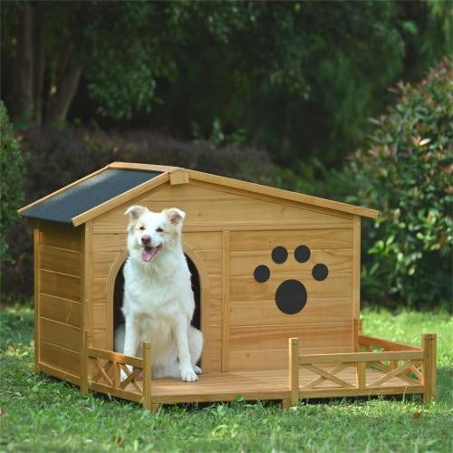 48 Wooden Dog House Outdoor With Porch, Dog Kennel With Water - Resistant Asphalt Roof And Fencing,Indoor & Outdoor Dog Crate With Paw Print, Medium, Nature - 5 - CJ