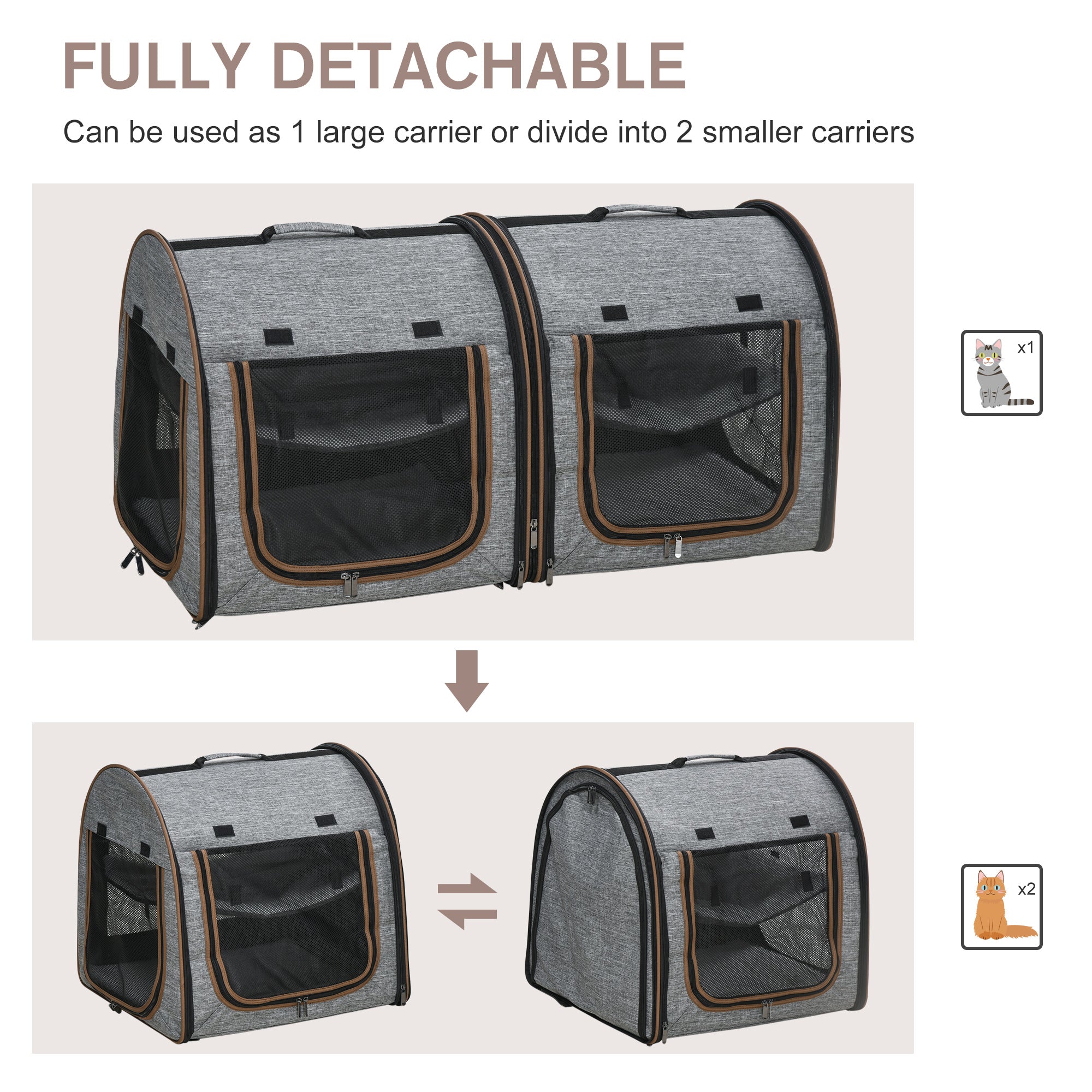 Portable Soft - sided Pet Cat Carrier With Divider, Two Compartments, Padded And Storage Bag, Grey - 5 - CJ