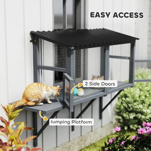 Wooden Cat Catio, Outdoor Cat Enclosure Window Perch With Jumping Platform - 5 - CJ