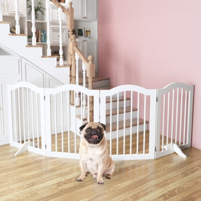 27.6 Height Tall Freestanding Pet Gate, 4 Panels Foldable Dog Gate, Solid Wood Folding Safety Fence Wooden Dog Gate With 2 Pcs Support Feet Ideal For Stairs, Doorways, Halls, Kitchens, Heavy Duty Gat - 5 - CJ