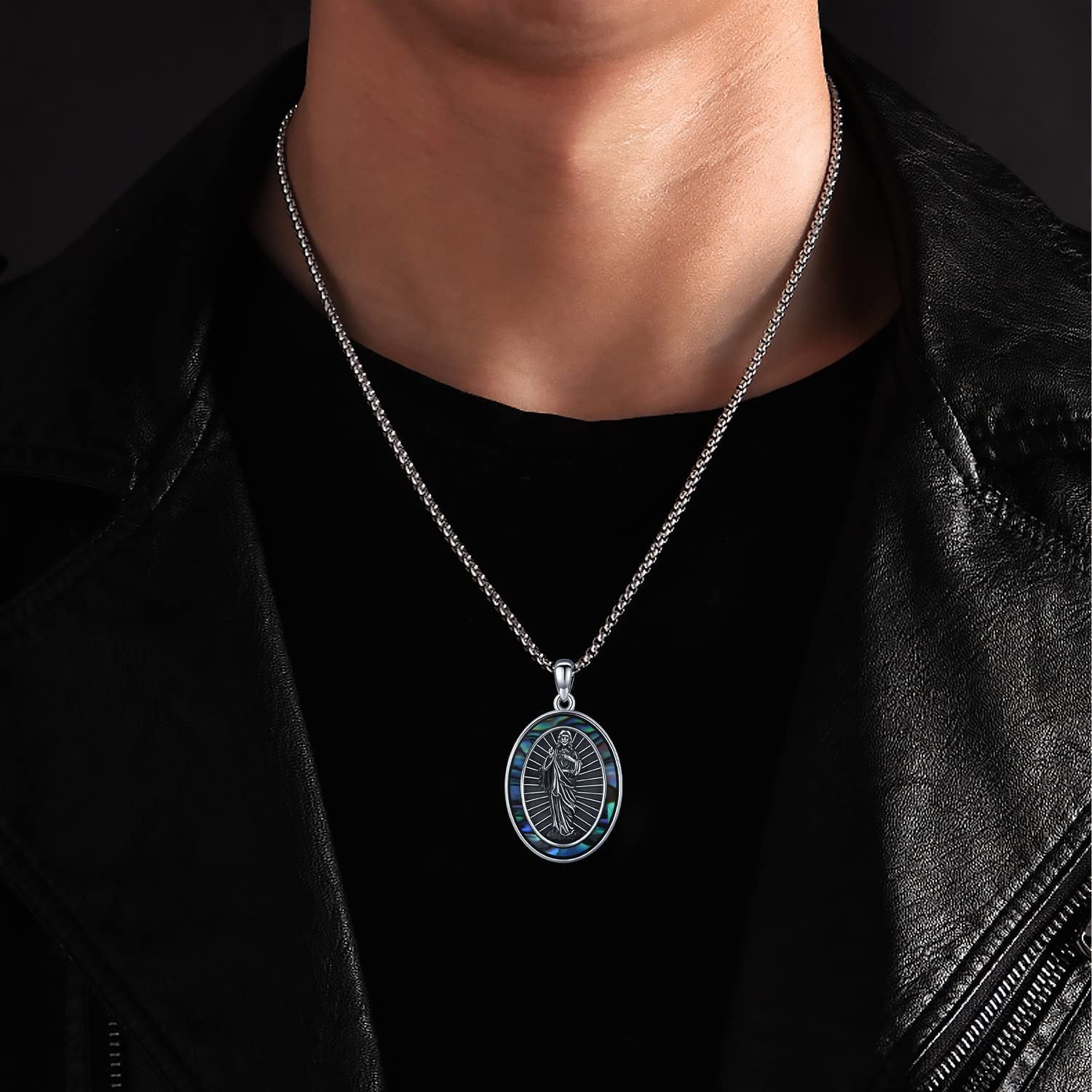 St Jude Necklace Sterling Silver Oval Medal San Judas Tadeo Pendant Necklace Medallion Protection Necklace Catholic Jewelry Gift for Men - 5 - cjdropshipping