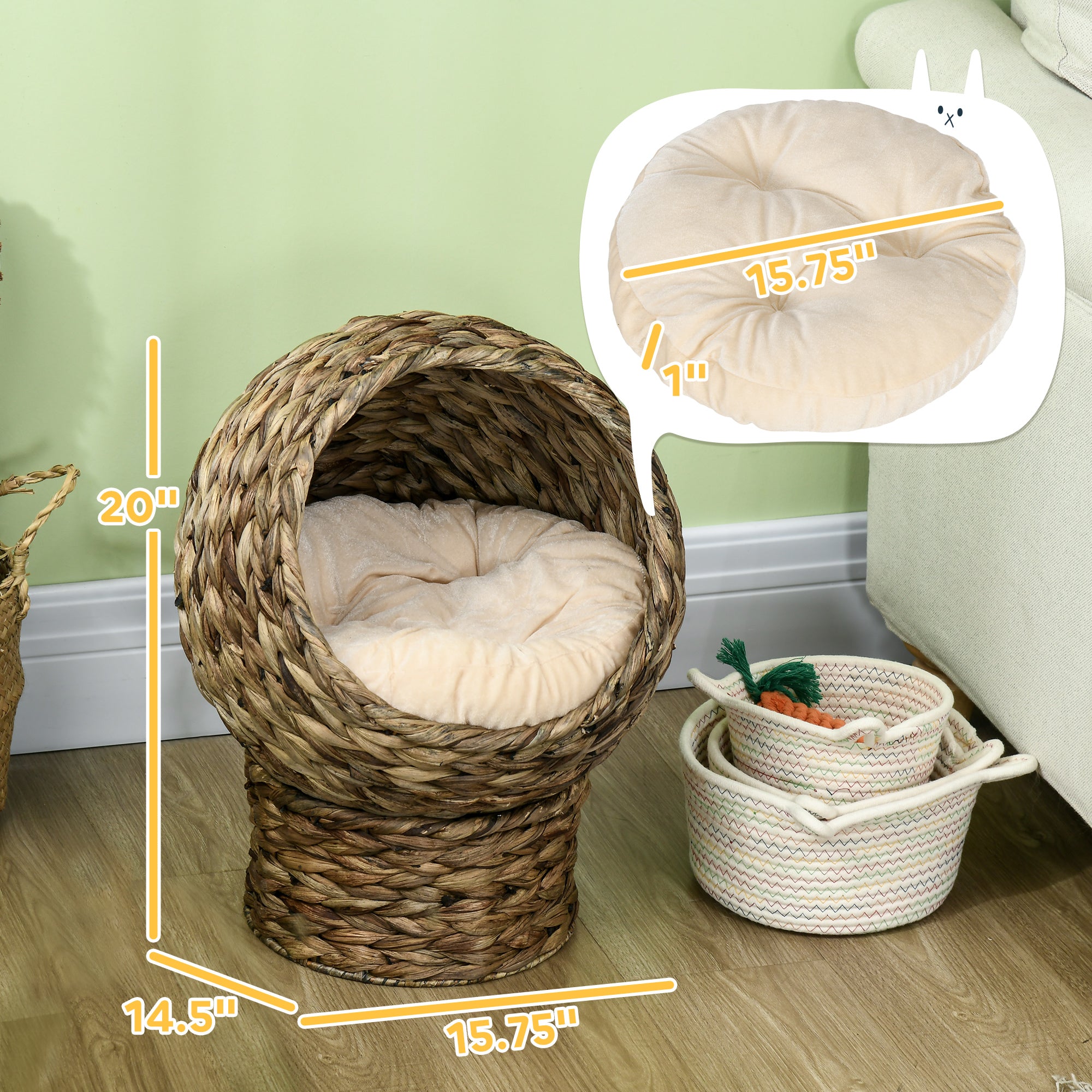 Handwoven Elevated Cat Bed with Soft Cushion & Egg Chair Shape, Basket Bed Kitty House with Stand, Raised Wicker House for Indoor Cats, 20" H, Gray - 5 - CJ