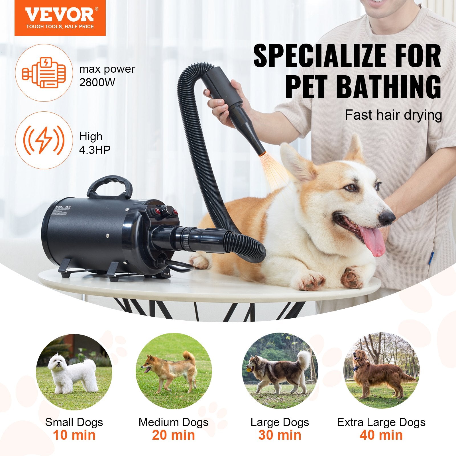 Dog Dryer, 2800W/4.3HP Dog Blow Dryer, Pet Grooming Dryer With Adjustable Speed And Temperature Control, Pet Hair Dryer With 4 Nozzles And Extendable Hose, Black - 5 - CJ