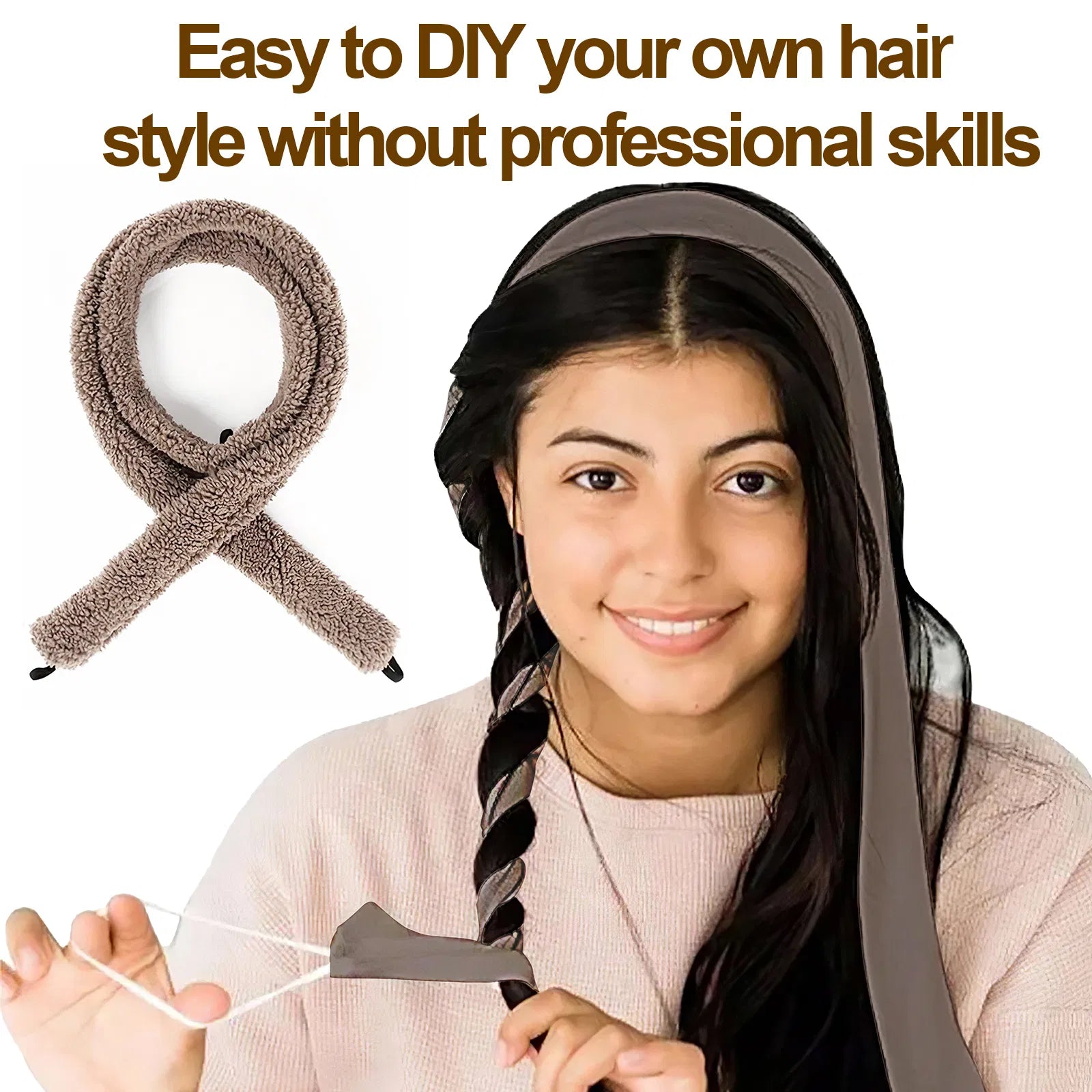 Satin Heatless Hair Curler, Lazy Natural Soft Wave DIY Heatless Curls For Sleep In Overnight, For All Hair Types - Light Brown - 5 - CJ