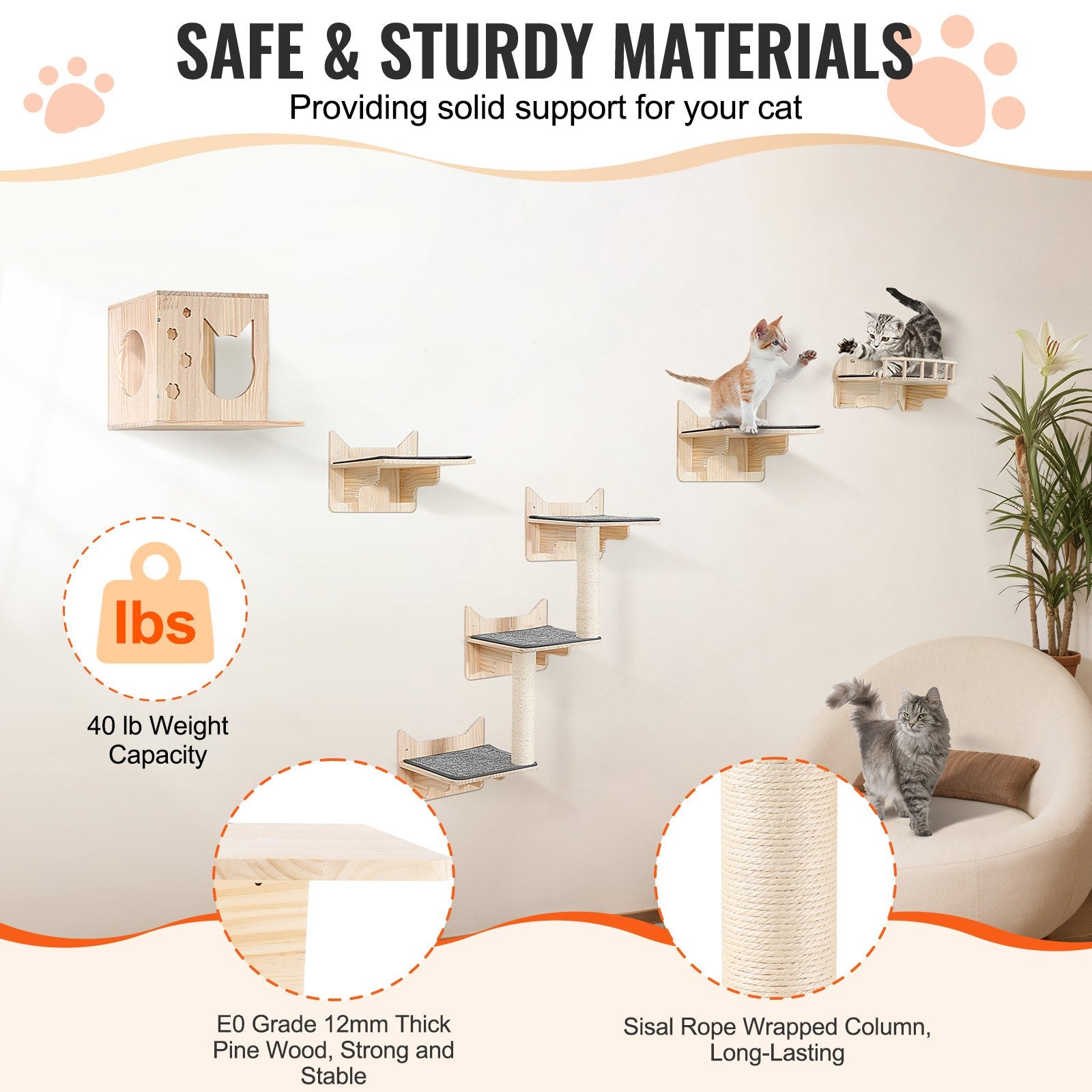 Wall Mounted Cat Shelves Tree With Jumping Boards Nest Furniture Set Of 5 - 5 - CJ