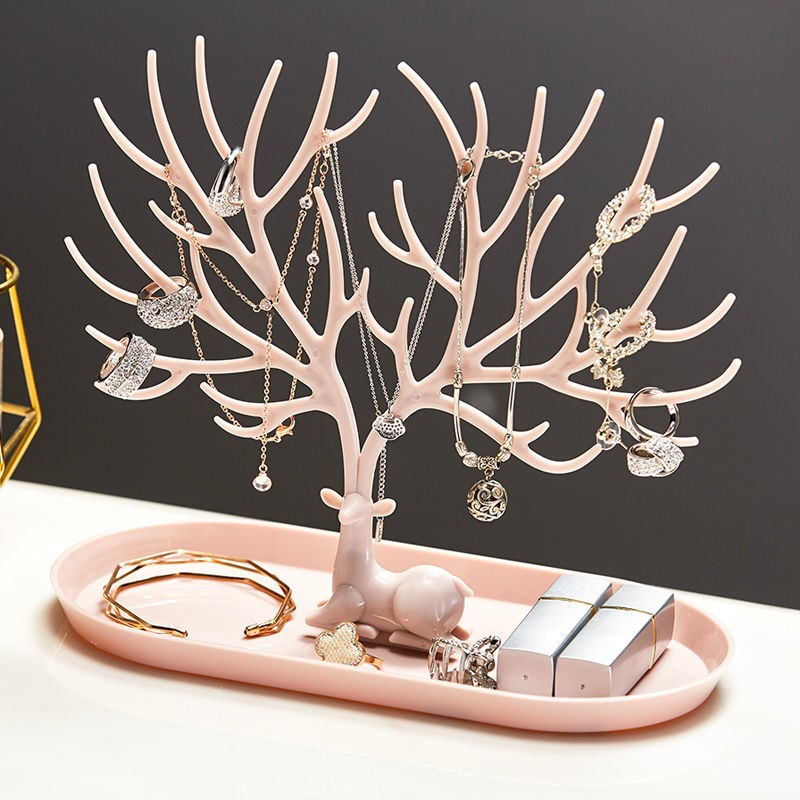 Deer Jewelry Display Stand Earrings Necklace Ring Jewelry Display Tray Jewelr Crystal Handle Antlers Jewelry Display Stand With Storage Drawer And Tray, Tree Tower Rack Hanging Organizer - 5 - CJ