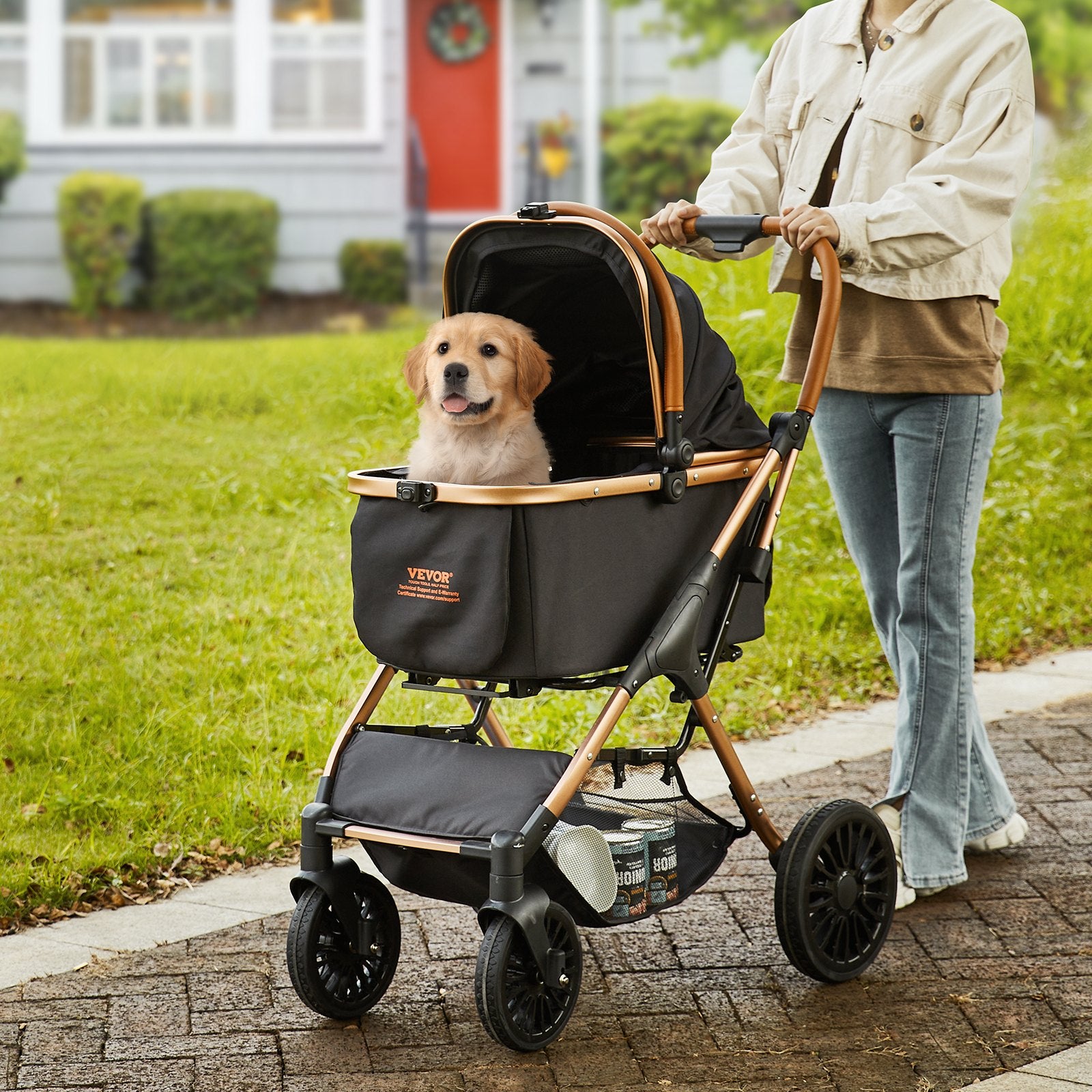 Pet Stroller, 4 Wheels Dog Stroller Rotate With Brakes, 66 Lbs Weight Capacity, Puppy Stroller With Detachable Carrier, Storage Basket And Pet Pad, For Small To Medium Sized Dogs, Black - 5 - CJ