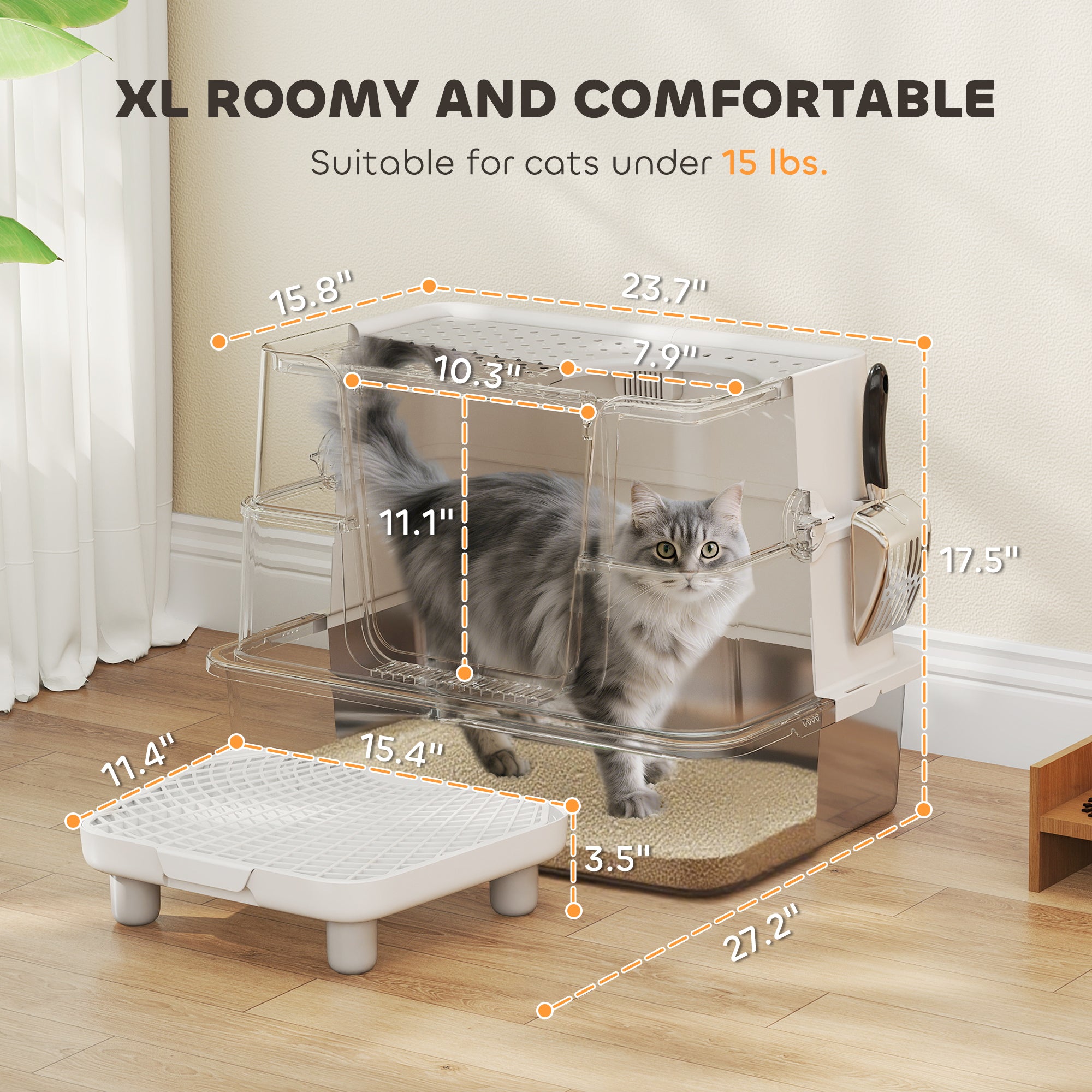 XL Stainless Steel Litter Box W Flip Top, Scoop, Step, Top & Side Entry Enclosed Litter Box For Big Cats - 5 - CJ