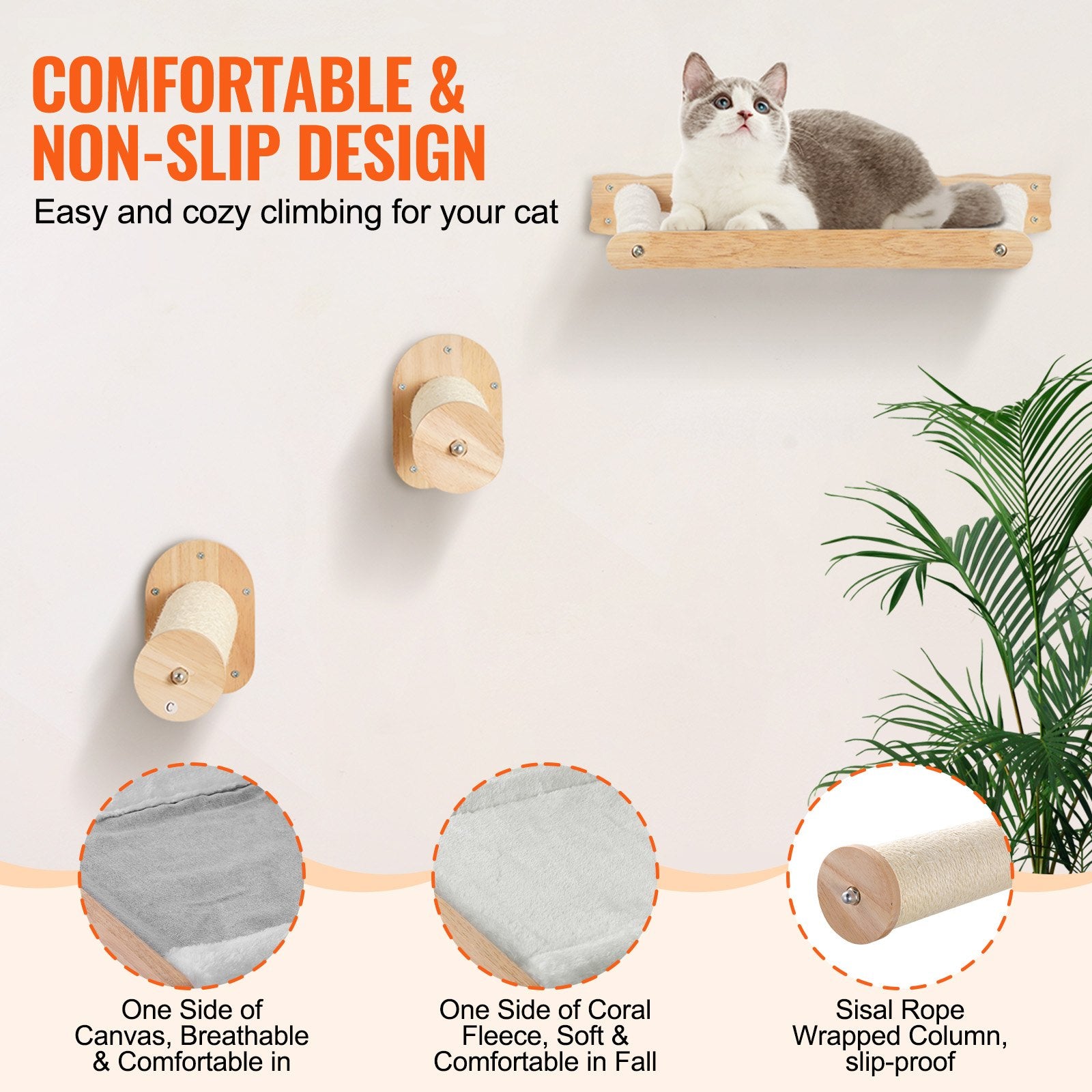 Wall Mounted Cat Shelves, Cat Wall Shelves And Perches With Jumping Posts & Hammocks, Cat Furniture Set Up To 40 Lbs, Removable & Washable Coral Fleece For Sleeping, Playing, Climbing, Set Of 4 - 5 - CJ