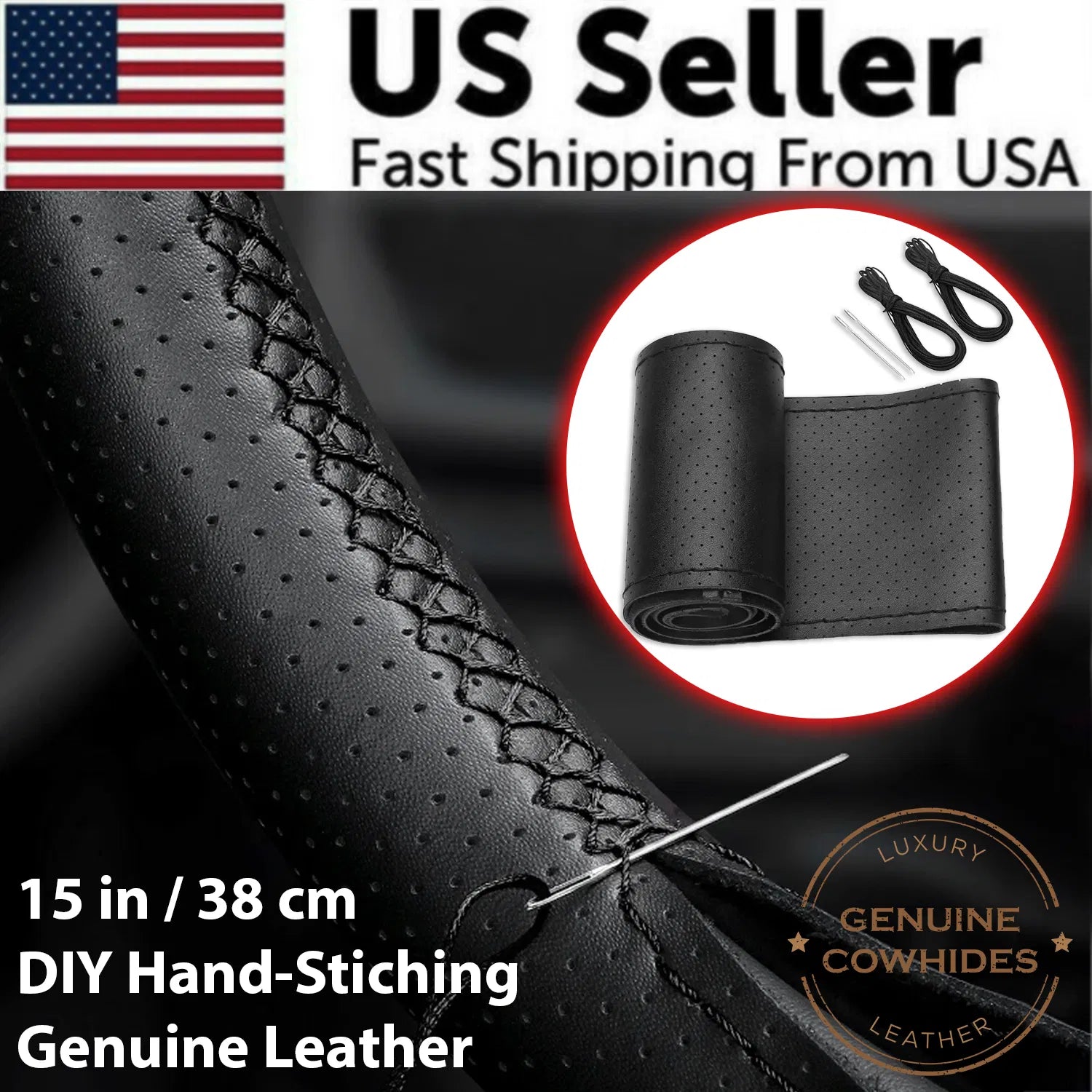 Genuine Leather DIY Car Steering Wheel Cover Anti - slip For Cm Black US - 5 - CJ - Default Title - CJQC245727701AZ