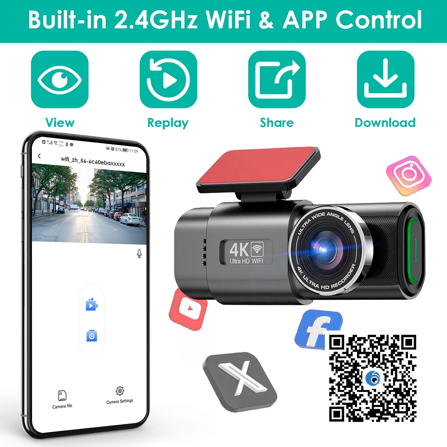 1Pc 4K 1080P Car Dash Cam 2.4GHz WiFi Car Camera Mini Driving Recorder With 140 Degree Wide Angle APP Control Night Vision G - sensor Loop Recording - 5 - cjdropshipping