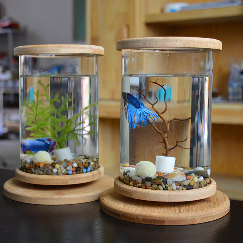 Small Office Glass Aquarium Bamboo Base Mini Fish Tank Decoration Fish Bowl - 0 - CJ
