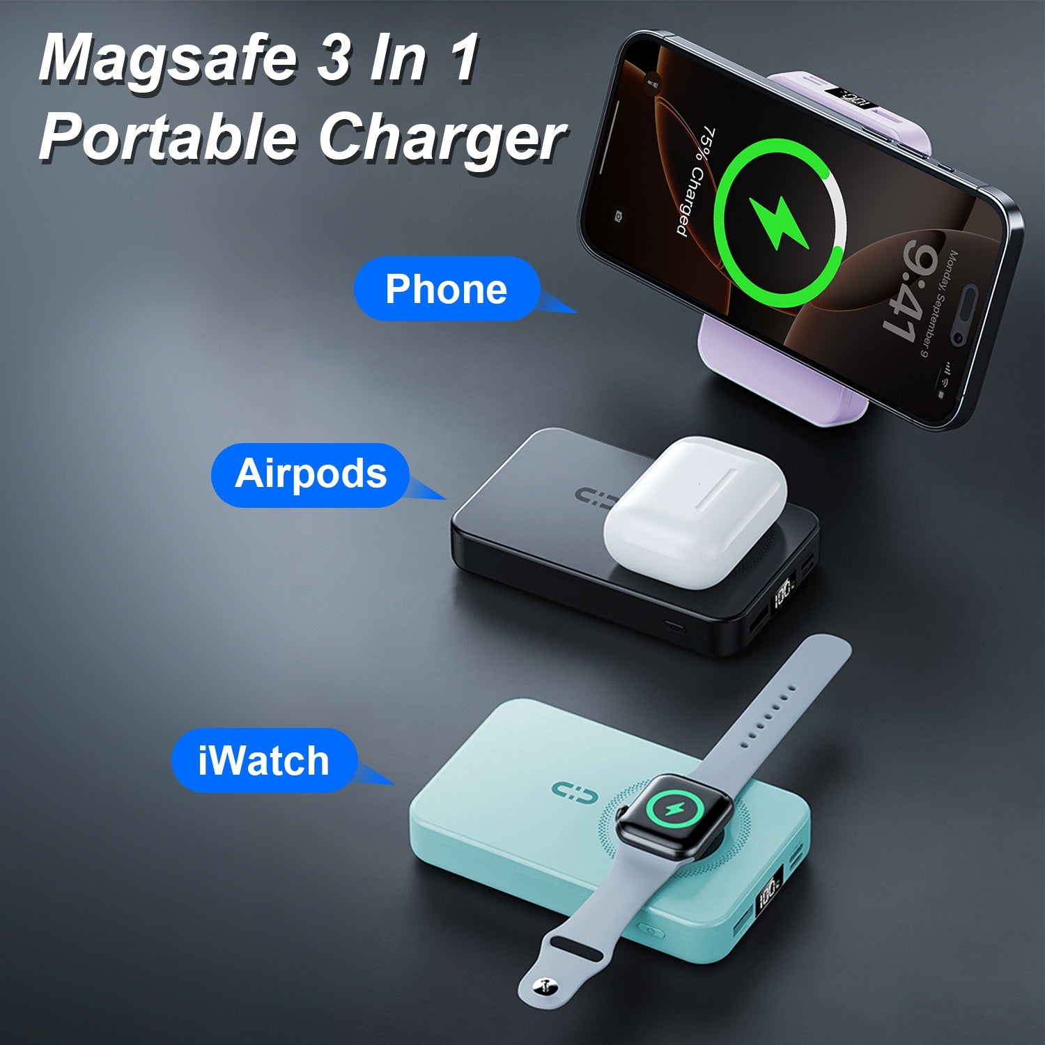 1Pc 3 In 1 10000mAh MagSafe Fast Charging Power Bank PD20W Portable Charger With 2 Built In Cables Stand Fit For IOS Phone 16 15 13 Series And More - 5 - CJ