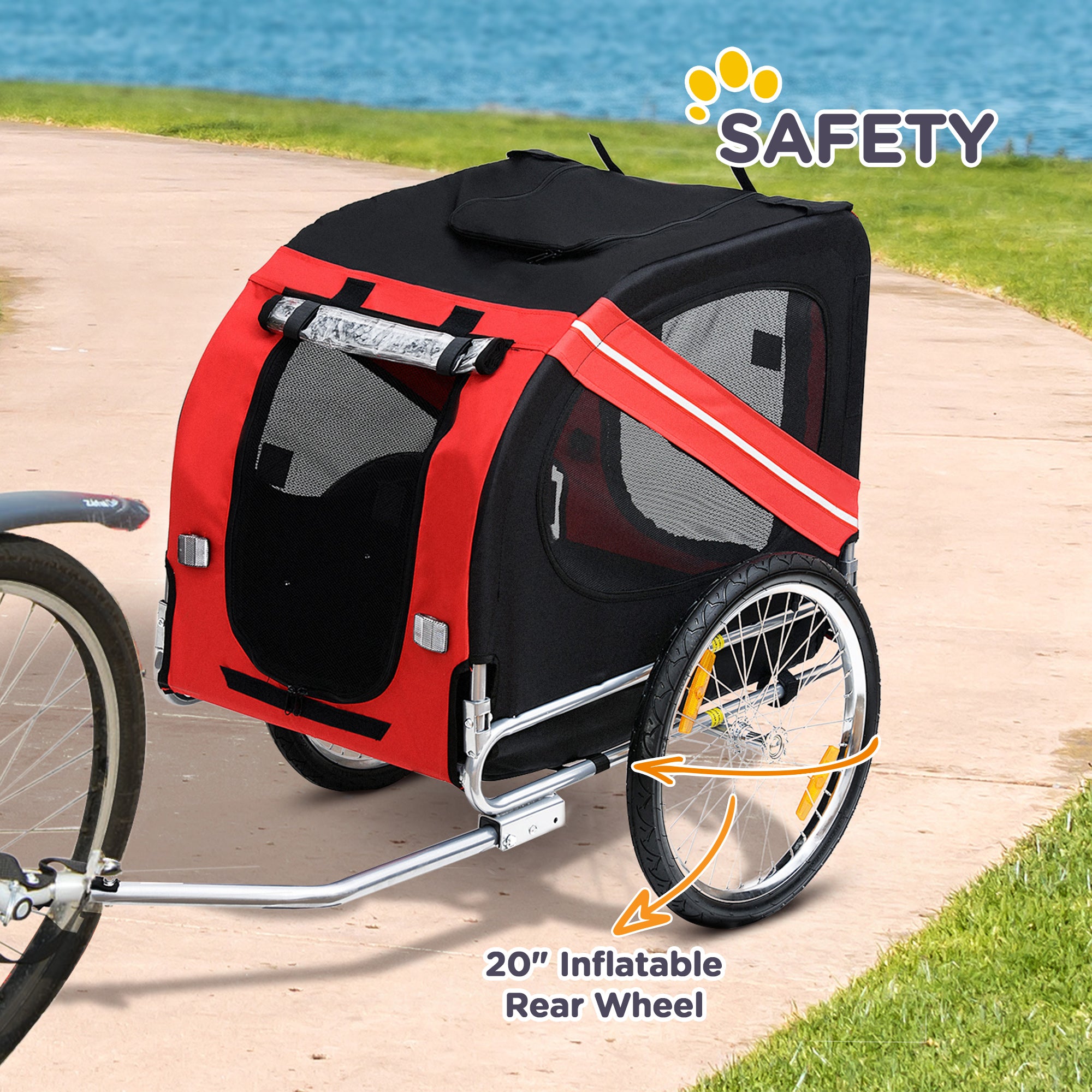 Dog Bike Trailer With Easy Folding Cart Frame, Large Wheels, 3 Entrances, Mesh Screen, For Dogs Within 44 Lbs, Red & Black - 5 - CJ