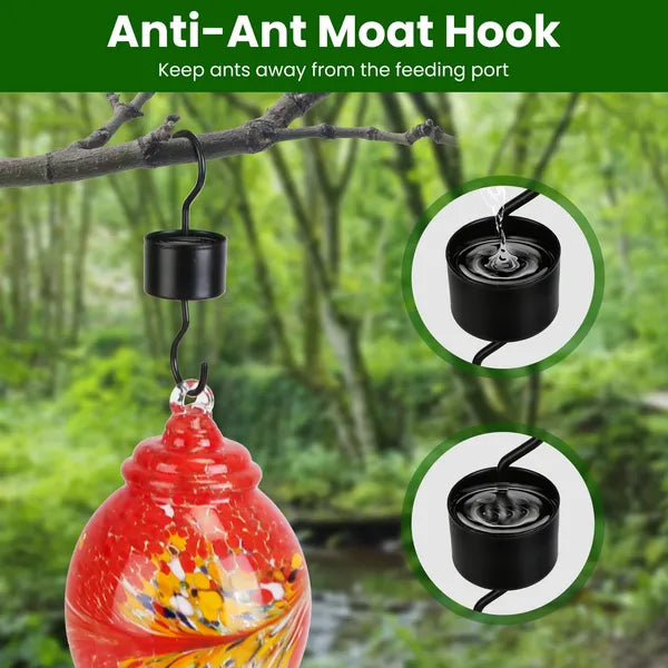 Glass Hummingbird Feeder 33OZ Hand Blown Hummingbird Feeder With 5 Flower Feeding Port Perch Ant Moat Hanging Hook S Hook Hemp Rope Cleaning Brush For Garden Backyard Decor - 5 - CJ