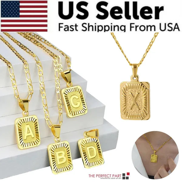 Gold Plated Initial Letter Pendant Necklace Stainless Steel Figaro Chain - 5 - CJ