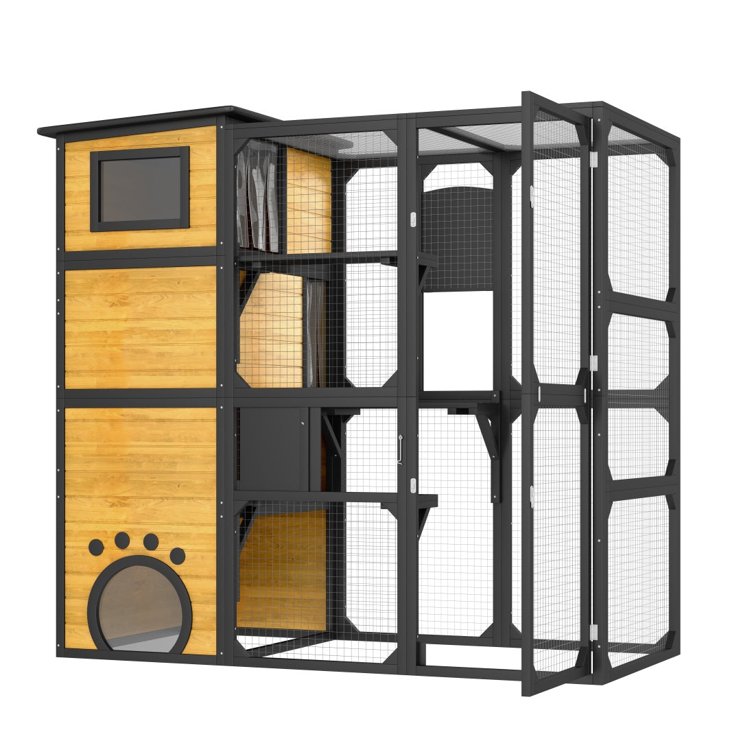 GO Large Cat Catio 4 Tiers Cat Enclosure For Outdoor, Cat House Weatherproof Attached To Window For Multiple Cats With Platforms And Resting Rooms, Brown - 5 - CJ