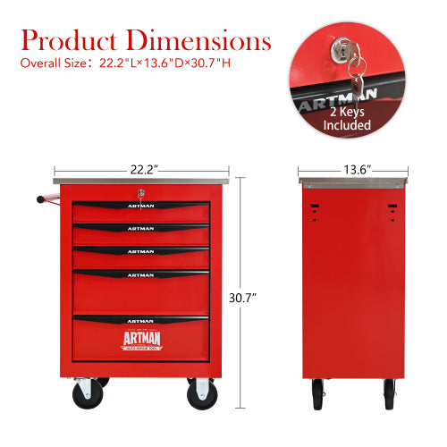 5 Drawers Multifunctional Tool Cart With Wheels,Metal Rolling Tool Cart Storage For Garage Workshop Warehouse Repair Shop - With Stainless Steel Roof - Red Black - 5 - CJ