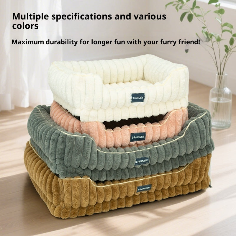 Striped Rabbit Fur Pet Bed Large Square Kennel - 0 - CJ