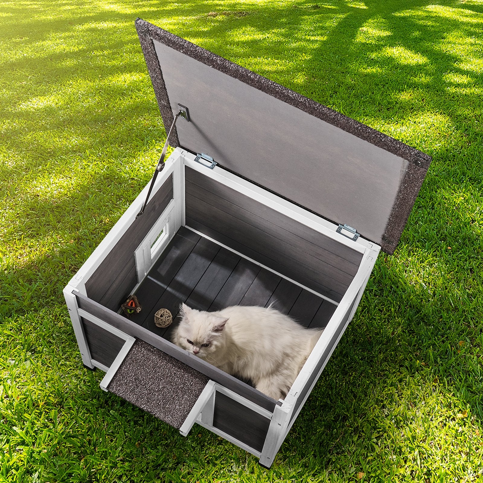 Outdoor Cat House Wooden Feral Cat Shelter With Roof Door Flaps & Window - 5 - CJ