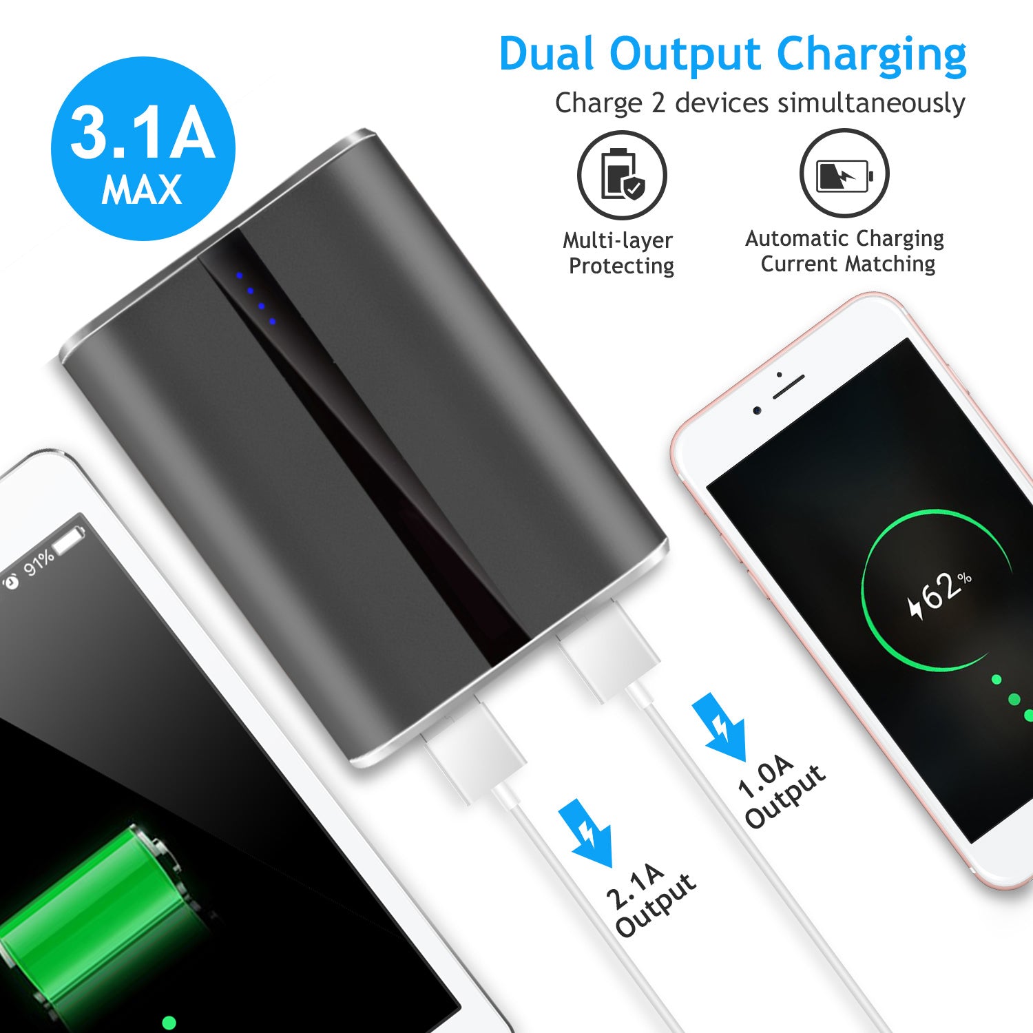 1Pc 12000mAh Portable Charger With Dual USB 3.1A Output Power Bank Ultra - Compact External Battery Pack Fast Charging - 5 - CJ