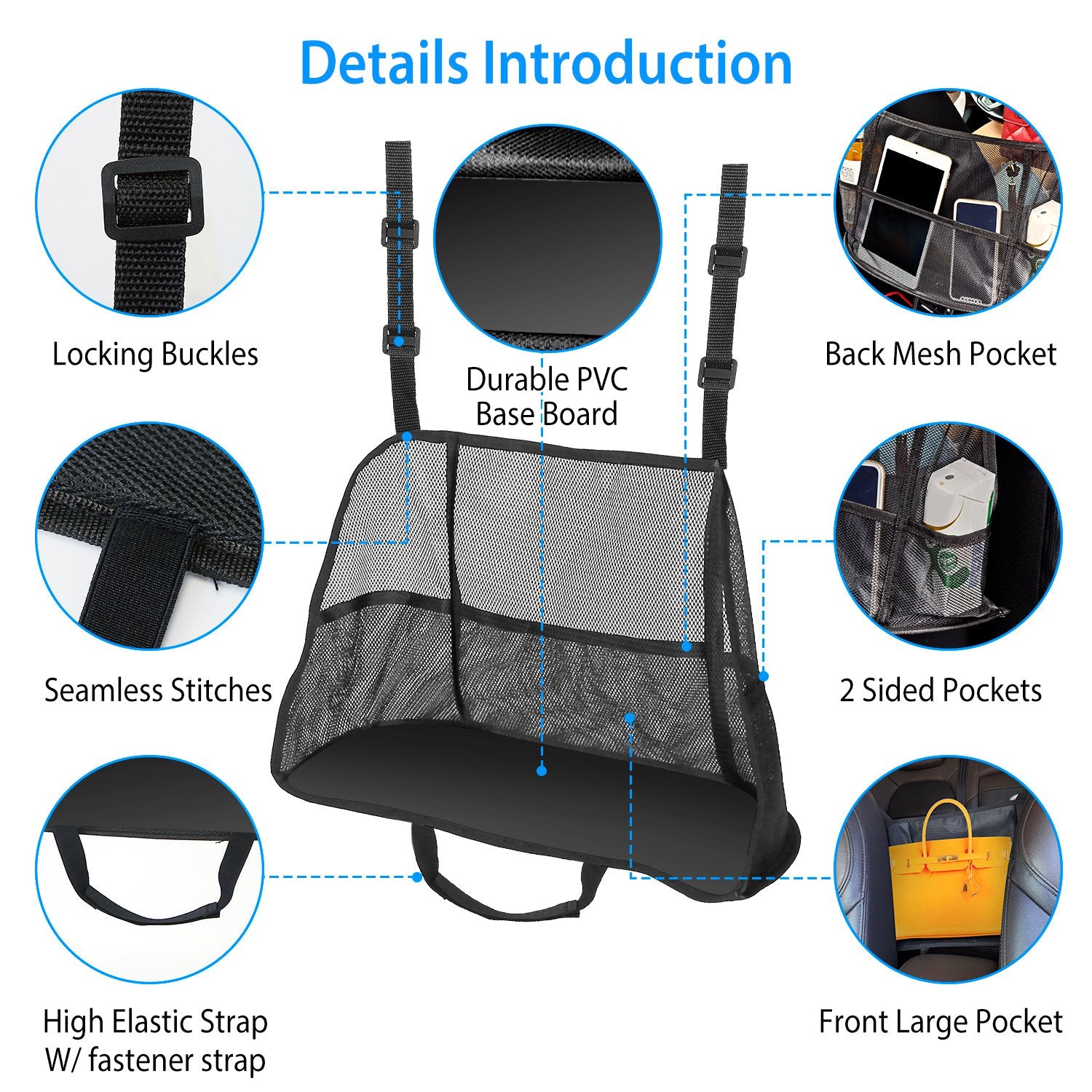 1Pc Car Net Pocket Handbag Holder Car Storage Netting Pouch Seat Side Storage Mesh Organizers Bag For Purse Phone Documents Barrier Pets Kids At Backseat - 5.0 - CJ