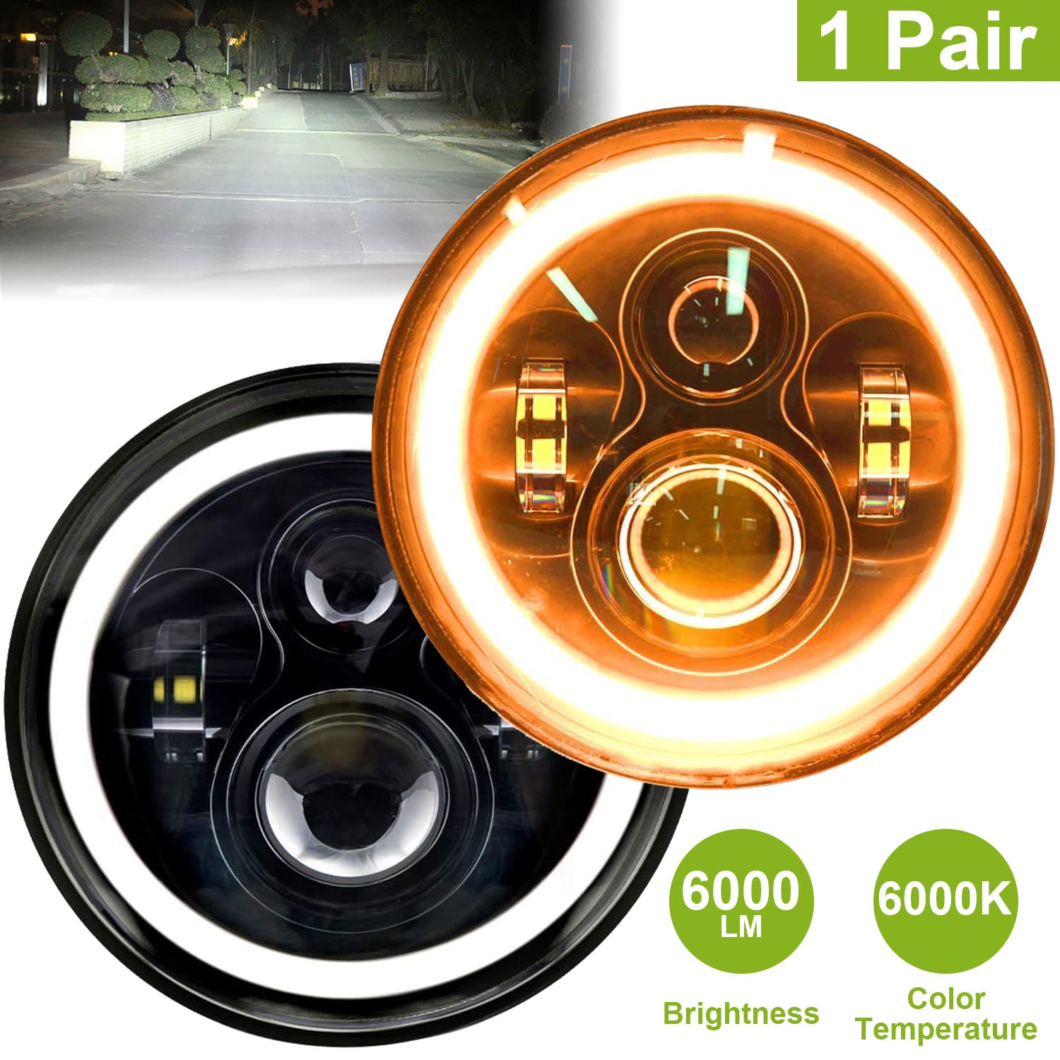 2Pc 7in 6000LM Round LED Headlight Halo Angel Eyes For Jeep Wrangler TJ JK CJ With H4 To H13 Adapter Plug And Play - 5 - cjdropshipping