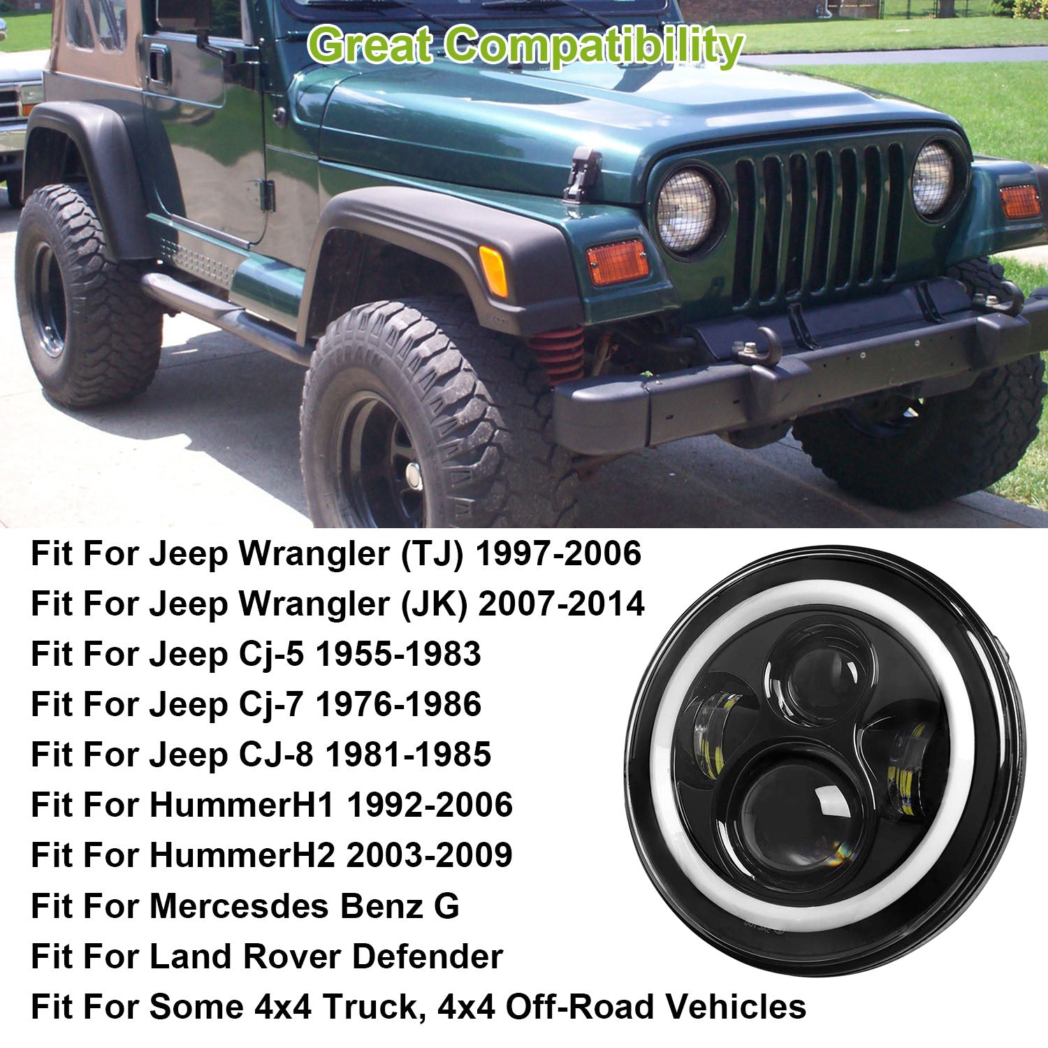 2Pc 7in 6000LM Round LED Headlight Halo Angel Eyes For Jeep Wrangler TJ JK CJ With H4 To H13 Adapter Plug And Play - 5 - cjdropshipping