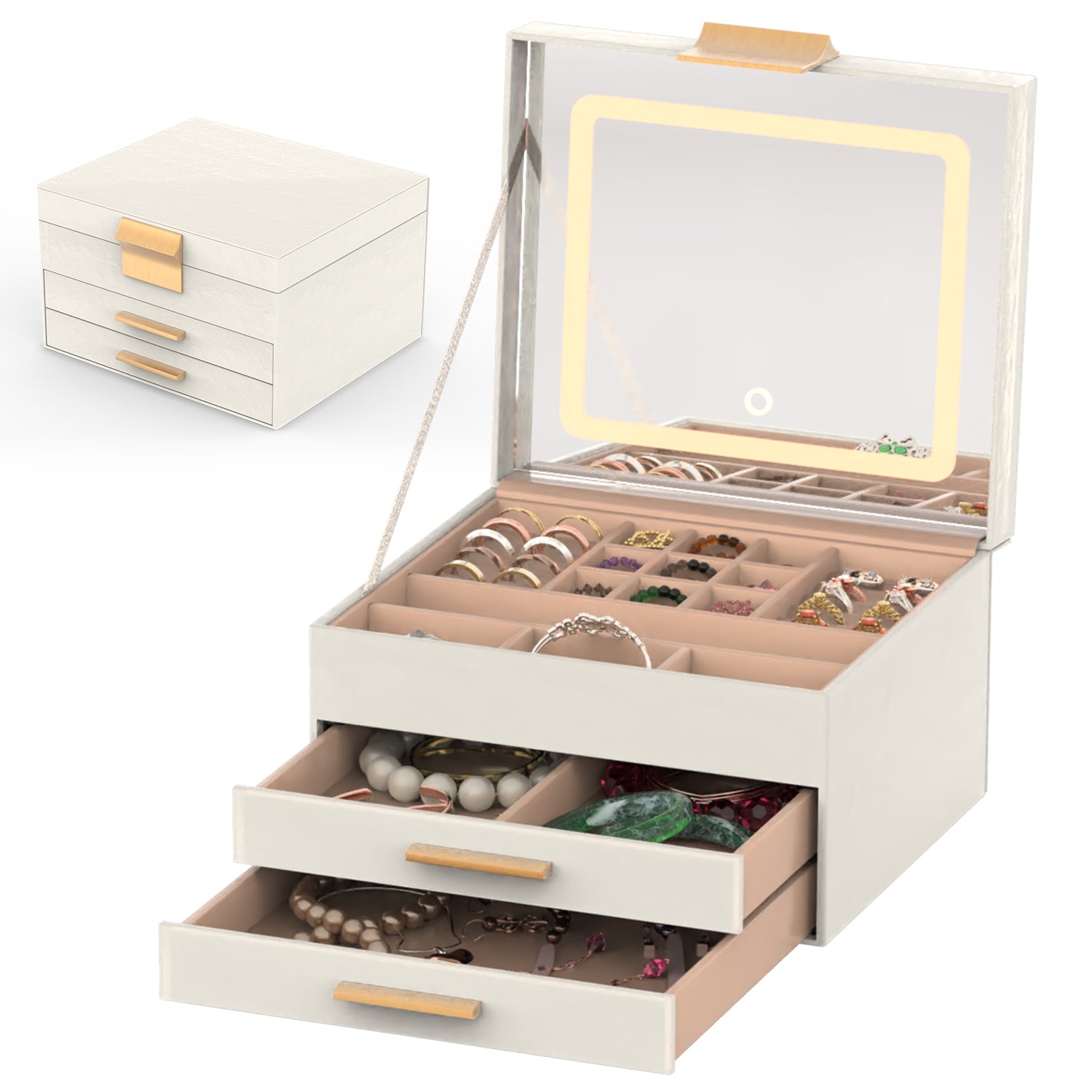 1 Set Jewelry Box With LED Mirror 3 Layer Jewelry Organizer With 2 Drawers PU Jewelry Holder With 3 Mirror Light Colors Dimmable For Earrings Rings Bracelets Necklaces - 5 - CJ