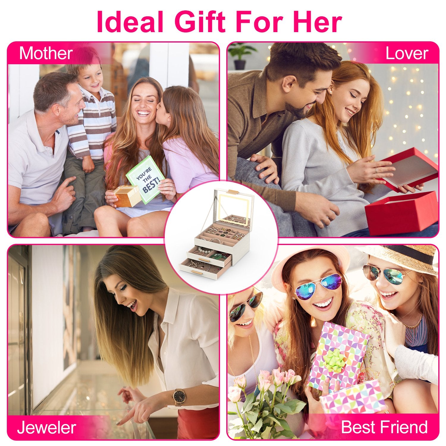 1 Set Jewelry Box With LED Mirror 3 Layer Jewelry Organizer With 2 Drawers PU Jewelry Holder With 3 Mirror Light Colors Dimmable For Earrings Rings Bracelets Necklaces - 5 - CJ